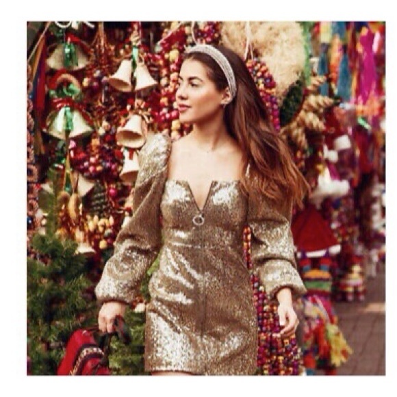 Zara NWT Bloggers Favorite Golden Sequin Puff Sleeve Zipped Party Shimmer Dress - Picture 4 of 16